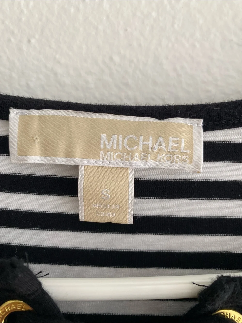 Michael Kors Black & White Striped Lace-Up 3/4 Sleeve Dress w/ Gold Accents